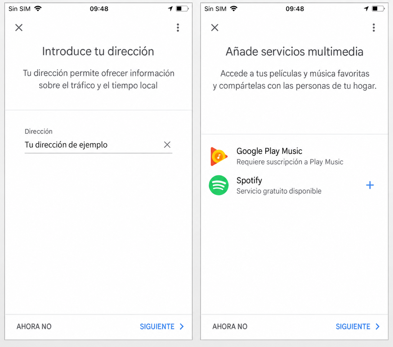 Configuración de dirección y servicios multimedia en Google Home